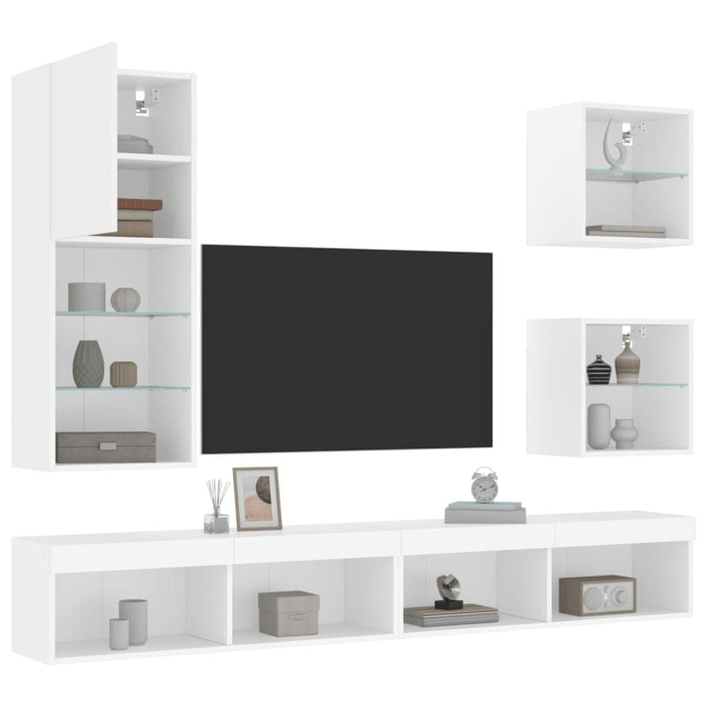 Vidaxl 5-dielne TV nástenné skrinky s LED biele kompozitné drevo